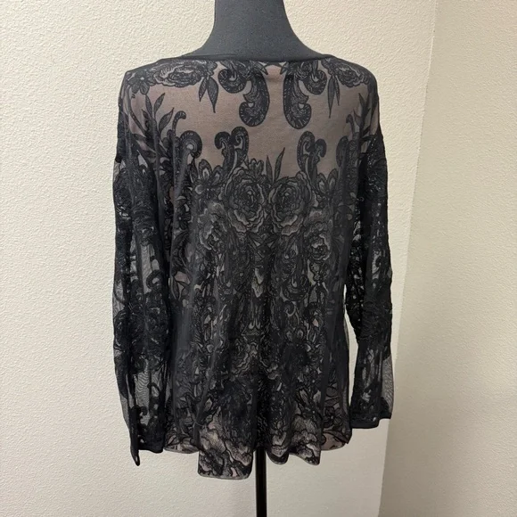 NIC+ZOE Black Lace Sheer Floral Mesh Blouse Long Sleeve Romantic Top XL - Picture 5 of 10